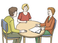 Drei Menschen sind an einem runden Tisch im Gespräch