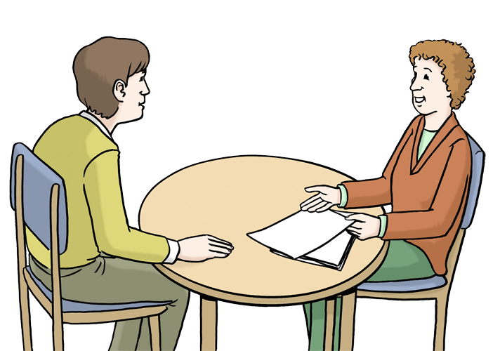 Zwei Menschen sitzen an einem runden Tisch. Ein Mensch erklärt dem anderen etwas