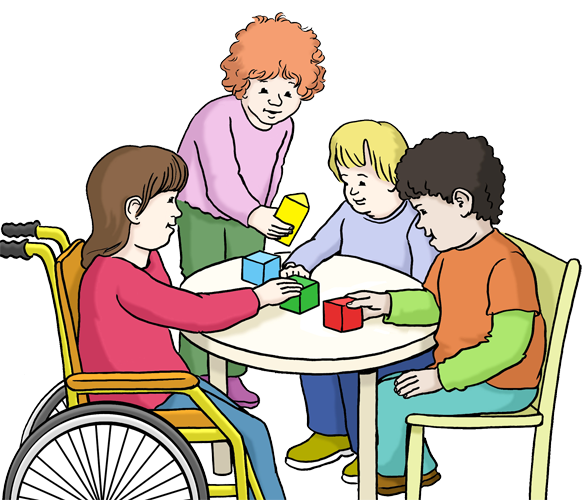 Vier Kinder spielen an einem Tisch mit Klötzchen. Ein Kind sitzt im Rollstuhl