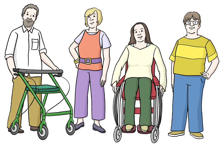 Eine Gruppe von Menschen verschiedenen Alters, mit und ohne sichtbare Behinderung