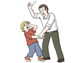 Ein Mann hält ein Kind am Arm fest. Er hebt den Arm und will es schlagen