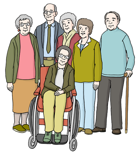 Eine Gruppe von älteren Menschen. Manche haben einen Gehstock oder einen Rollstuhl