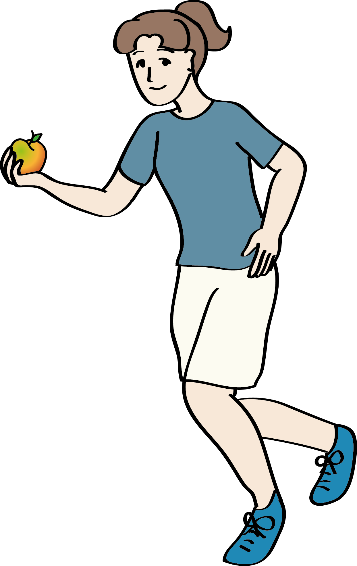 Joggerin hält einen Apfel in der Hand