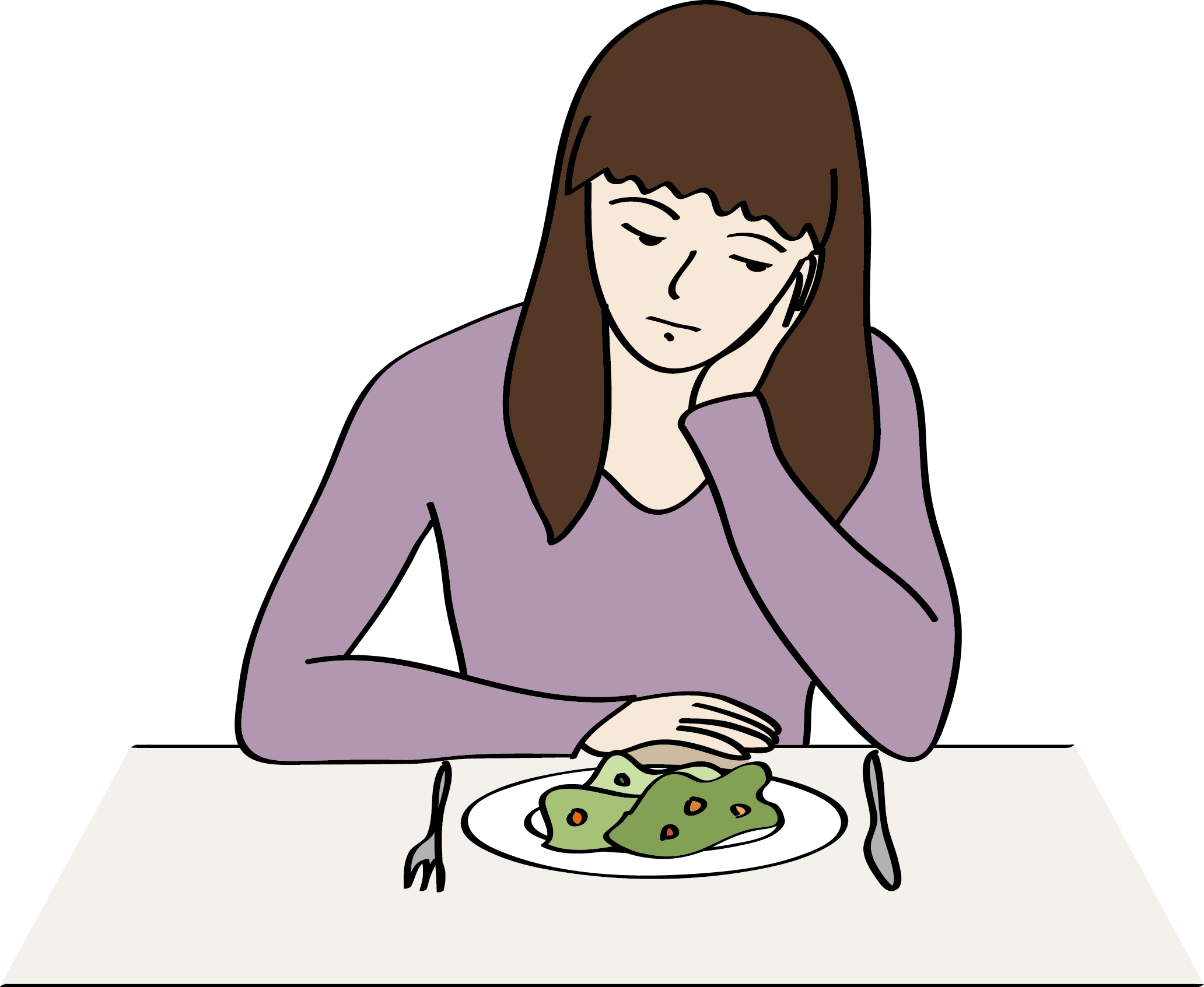 Eine Frau schaut auf einen Teller mit Essen 