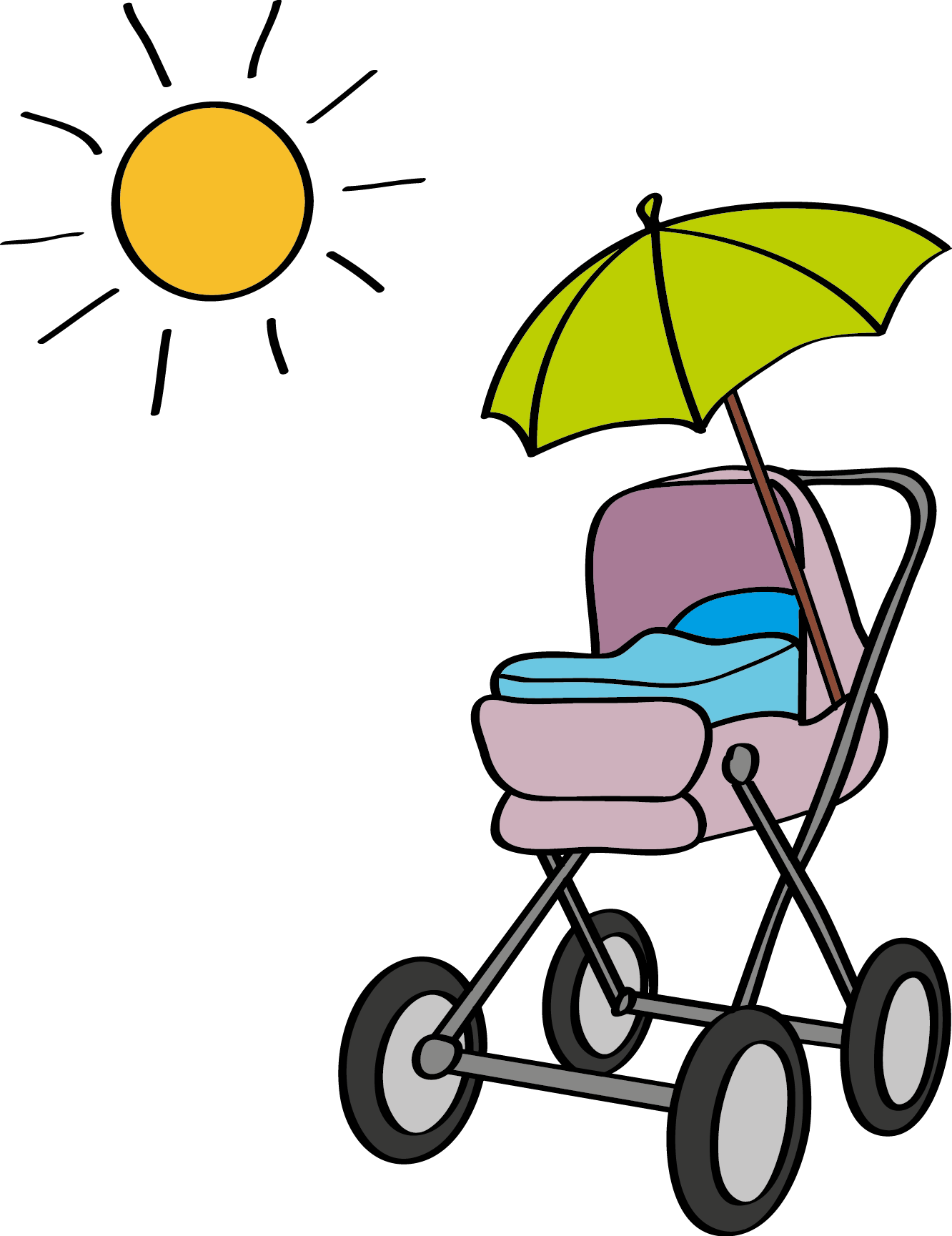 Ein Kinderwagen mit Sonnenschirm in der Sonne