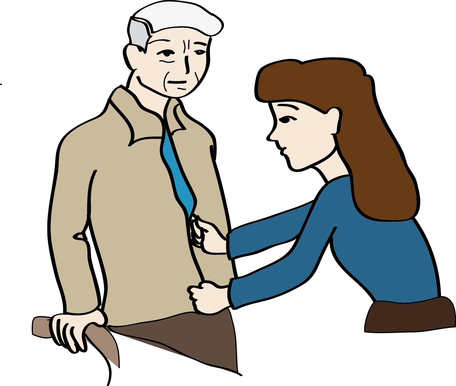 Eine Frau hilft einen älteren Mann, den Reißverschluss seiner Jacke zu schließen