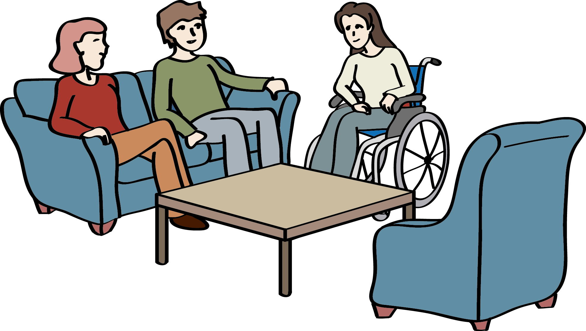 Wohngruppe: Drei Menschen sitzen im Wohnzimmer zusammen