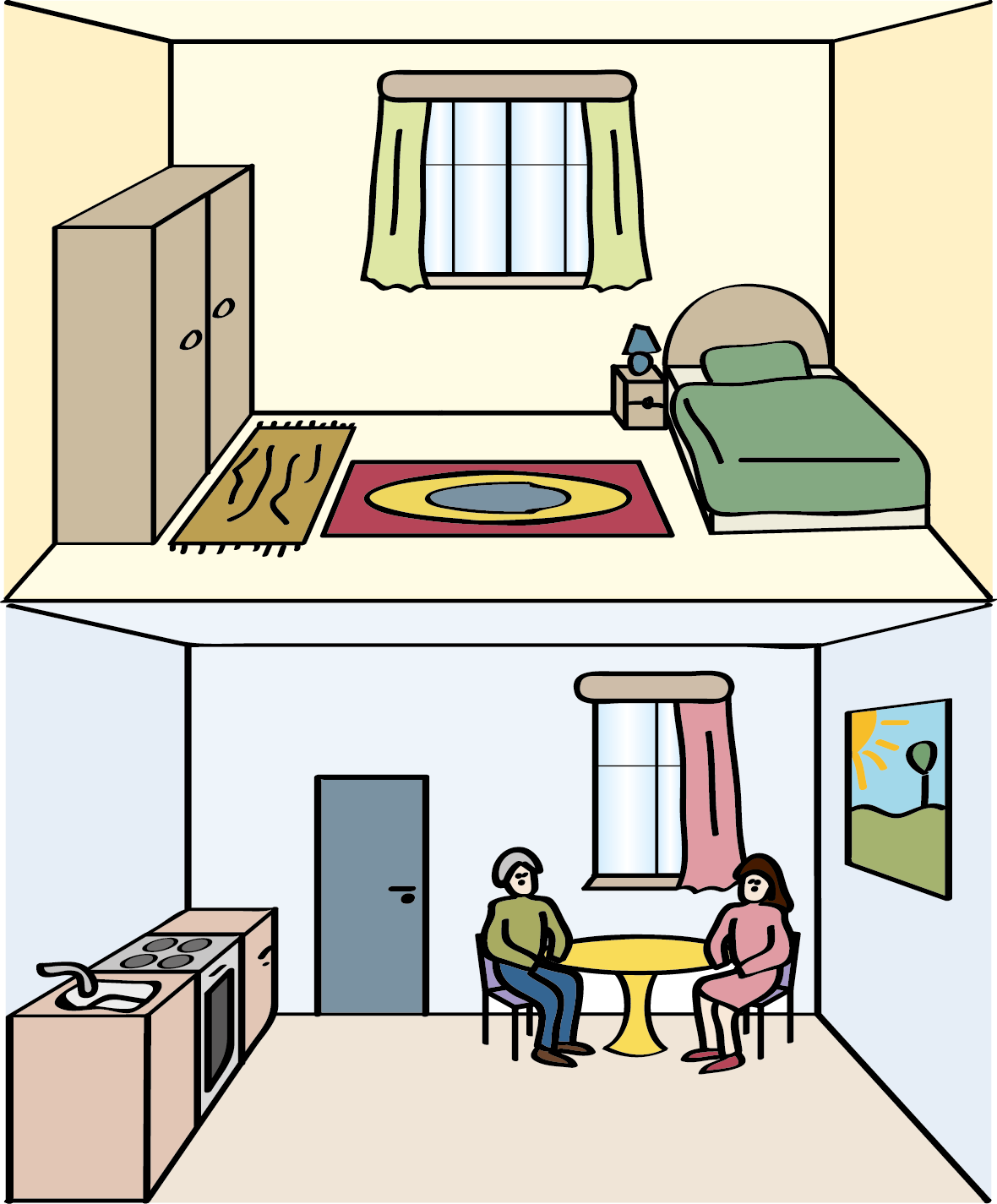Querschnitt von einem Haus mit Küche und Wohnzimmer 