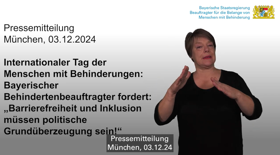 Das Video informiert über die aktuelle Pressemitteilung des Behindertenbeauftragten in Deutscher Gebärdensprache.